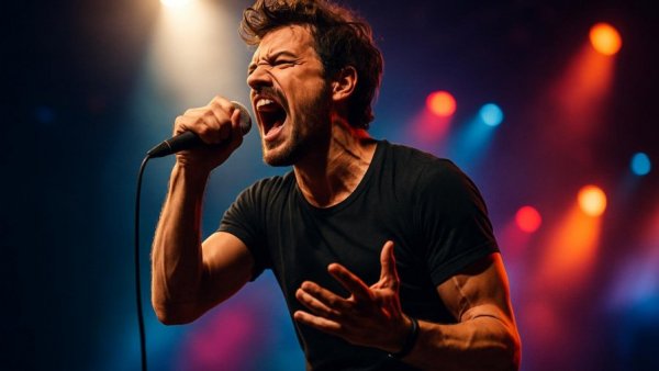 Max Giesinger passionately performing at Konzert Lübeck under vibrant lights.