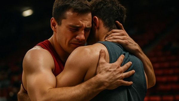 Lennart Karl WM 2026 athletes embrace emotionally on the field.