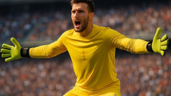 Goalkeeper in yellow jersey on field, arms spread, during match.