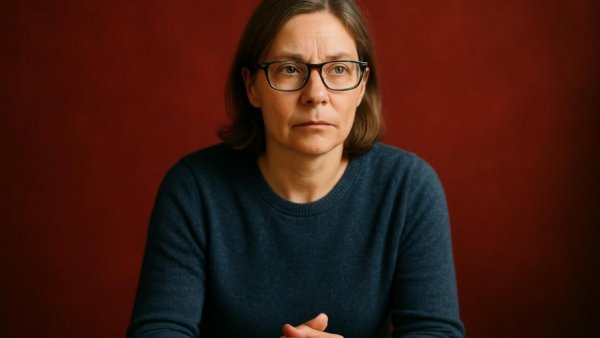 Focused woman in red setting discussing betriebliche Altersvorsorge.