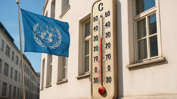 Large thermometer with UN flag indicating high temperature, symbolizing WM 2026 extreme Hitze.