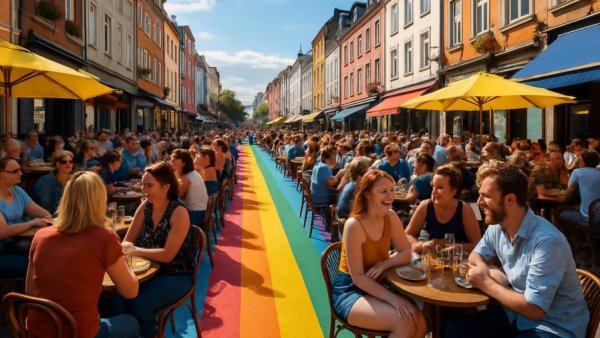 Lively European street with people dining and walking on a sunny day.