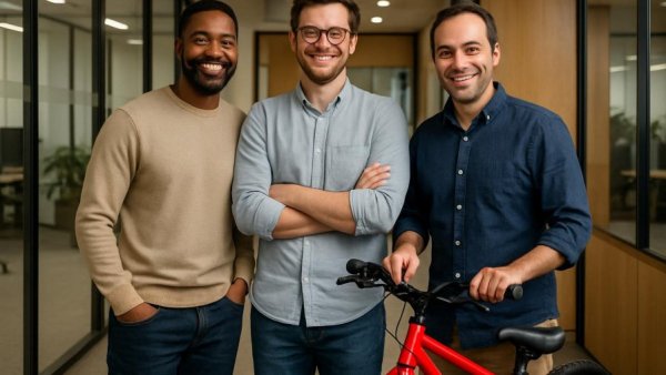 Group of three men with red children's bike in modern office, woom mit neuem CFO.