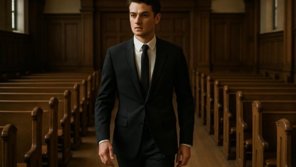 Beruf des Bestatters, young man in formal attire walking indoors.