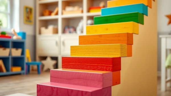 GRIMM'S Holzspielzeuge vibrant wooden blocks staircase in a playroom.