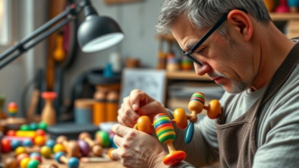 Skilled artisan assembling GRIMM'S Rainbow Boat Rattle in workshop.