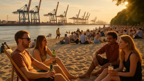 Hamburgs Kultlokale am Elbstrand vibrant beach scene with people and harbor.