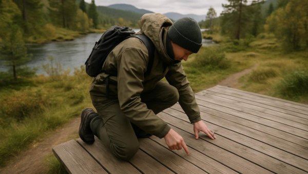 Person in functional clothing on a deck, Camping in luftiger Höhe.