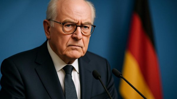 Older man at podium, serious expression, Bundeswehr Minenräumung Straße von Hormuz discussion.