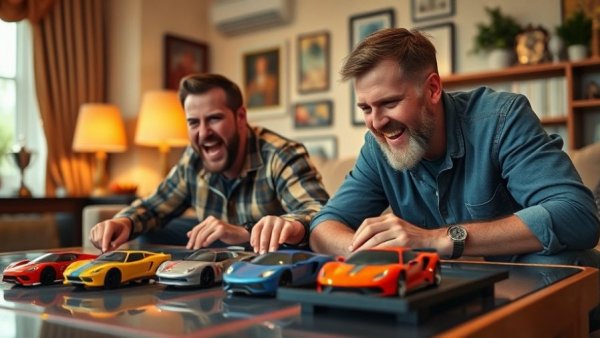 Deutsche Carrera Meisterschaft 2026 slot car race with two men playing.
