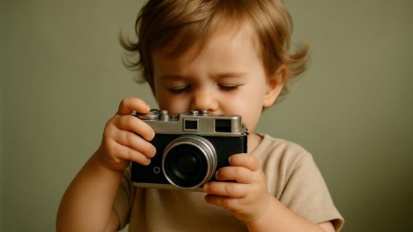 Child playing with Vintage-Filmkamera von Classic World in soft light.