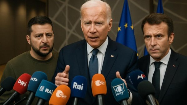 Politicians at press conference on EU sanctions against Russia.