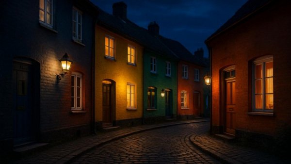 Quiet cobblestone street at night in Eckernförde with colorful houses.