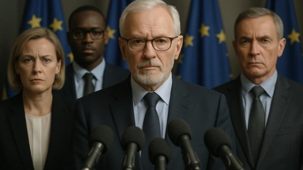 Officials at EU press conference on Russia sanctions.
