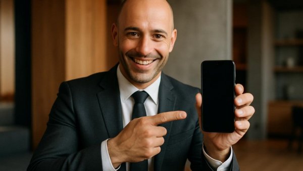 Loyalty-Punkte Wiederkäufe: Man in suit with phone, smiling