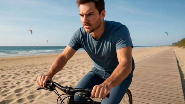 Radwege an der Nordsee: Man biking on a boardwalk with beach kites.