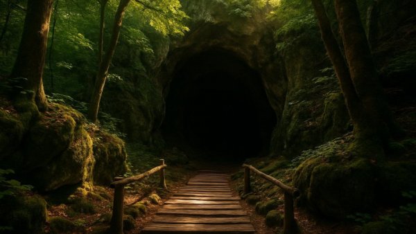 Enchanting forest cave entrance in Munkfors