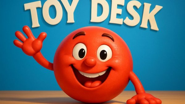 Cheerful animated ball character with Toy Desk logo.
