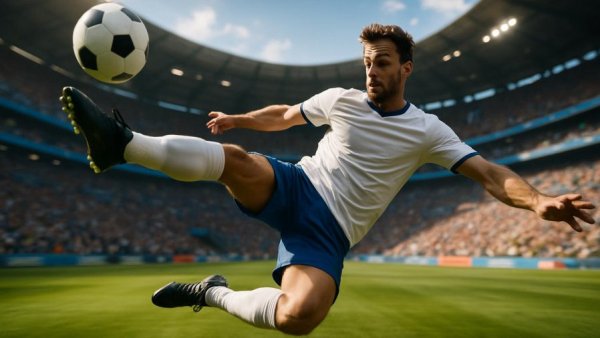 Dynamic soccer player Deniz Undav performing acrobatic move in match.