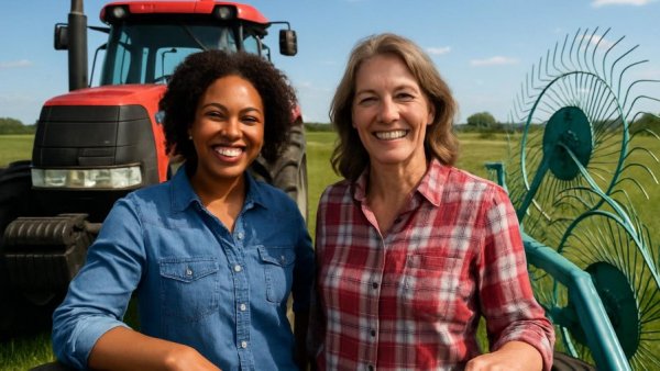 Two women on a farm in Stormarn smiling and posing outdoors