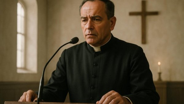 Middle-aged man in religious attire speaking about Kirchensterben.