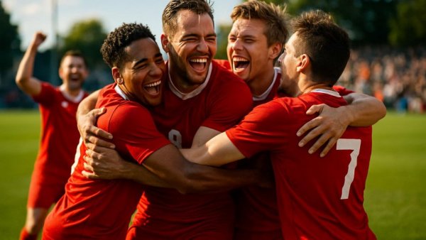 Soccer team celebrates passionately on the field.