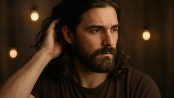 Man with long hair adjusts hair in a studio setting.