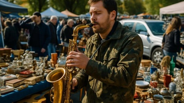 A man playing saxophone at Mega-Flohmarkt stand.