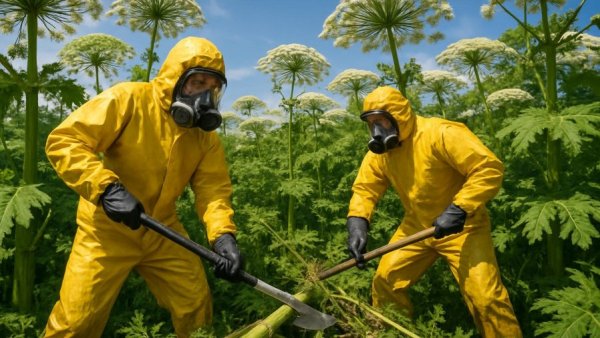 Riesenbärenklau bekämpfen workers in yellow suits cutting plants.