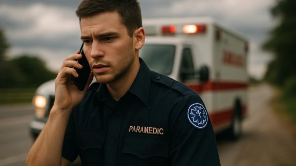 Alltag im Rettungsdienst depicted with paramedic and ambulance.