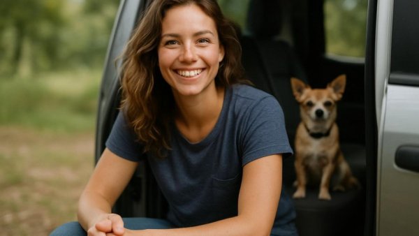 Naturcamping direkt am See - Woman smiling near vehicle.