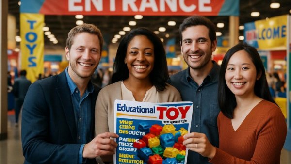 Two people at a convention showcasing educational toys