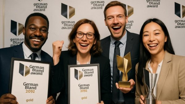 German Brand Award 2026 winners holding plaques and smiling.