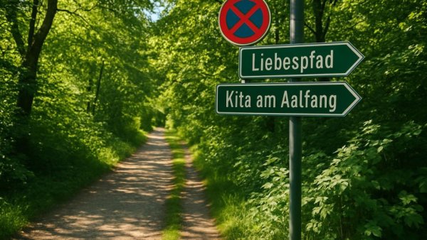 Lush green path with street signs 'Liebespfad' and 'Kita am Aalfang', surrounded by foliage.