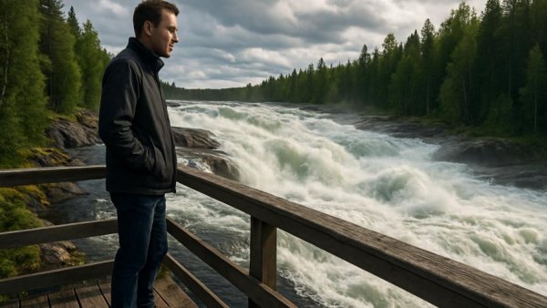 Thoughtful man at Storforsen waterfall in Sweden with cloudy sky.