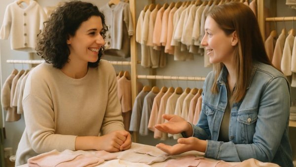 Zwei Frauen in einem Kinderbekleidungsgeschäft, langlebiges Spielzeug für Kinder