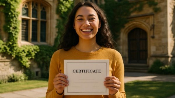 Young woman proudly holds certificate outside historic building.