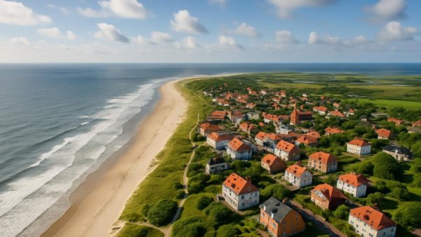 Aerial view of Wangerooge coast and town, perfect for camping.
