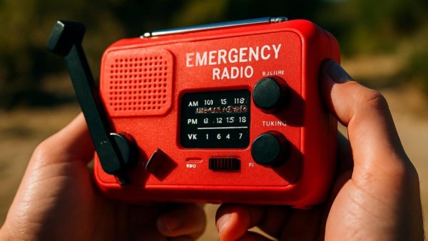Kurbelradio für Notlagen, red crank radio in hands outdoors.