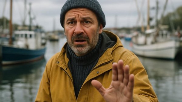 Sorgen eines Ostseefischers gesturing with concern by boats