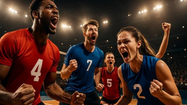 Energetic volleyball scene in Lüneburg with cheering athletes and coach