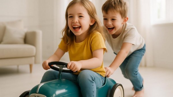 Kinder spielen mit einem Spielzeugauto von Baghera in einem hellen Raum.