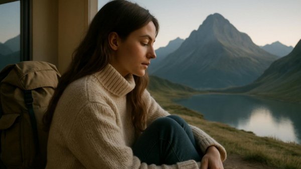 Thoughtful reflection on Long Covid with serene mountain landscape and cozy indoor setting.