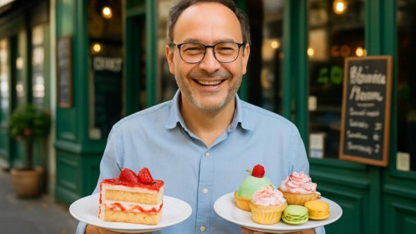 Happy man with desserts in Kröpeliner-Tor-Vorstadt Rostock café