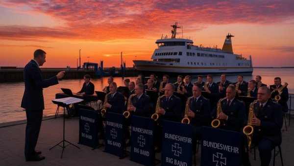 Gestern Abend zeigte sich der Wyker Hafen von seiner besten Seite: Direkt am Fähranleger spielte die Big Band der Bundes...