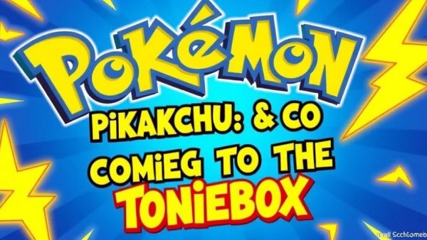 Bold announcement of Pikachu on Toniebox with lightning graphics.