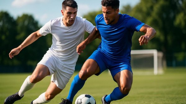 Two soccer players compete fiercely for the ball on the field, depicting torloses Unentschieden Greifswalder FC VfB Lübeck.
