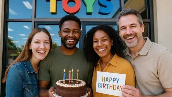 Spielwaren Schweiger Jubiläum celebration outside toy store with smiling group