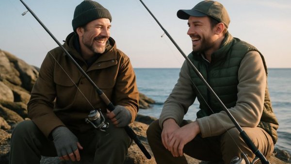 Fischen in Stormarn: Two men fishing on a rocky beach.