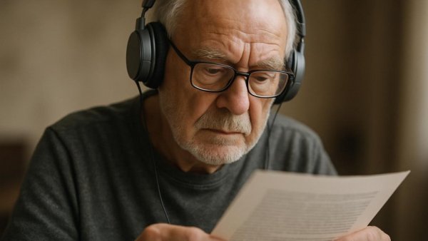 Elderly man wearing headphones, focusing on reading text about DDR-Leben und seine Lehren für junge Familien.